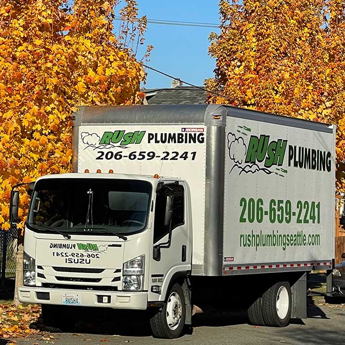 Rush Plumbing van with 3 men and one woman standing in front of it