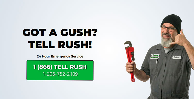 Robert Craul, owner of Rush Plumbing with a pipe wrench in hand, waiting for a phone call. With the phone number 206 752 2109 for plumbing service calls from Tukwila