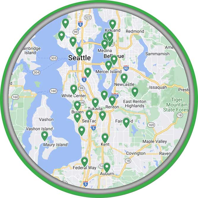 Rush Plumbing areas served on map with pointer to all cities in the Seattle Metro area