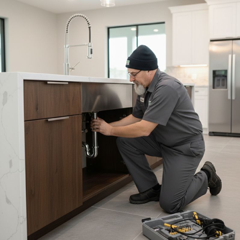 Man kneeling at kitchen cabinet Repairing Frozen Piping