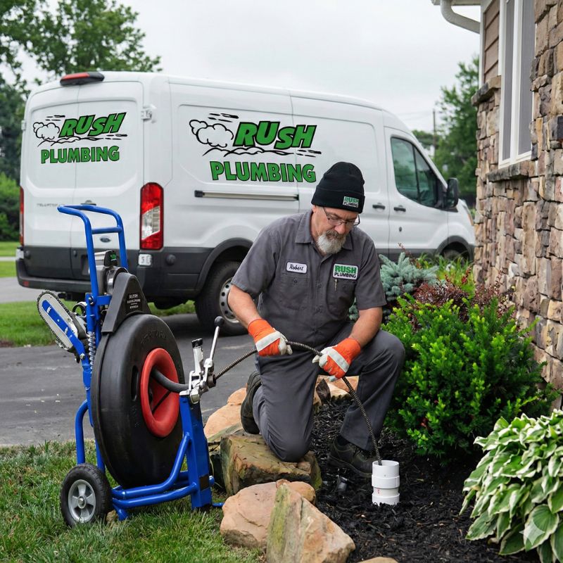 Plumber from Rush Plumbing snaking a sewer line, cleaning the sewer line