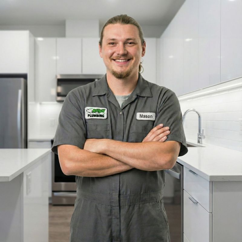 Smiling workman in kitchen preparing to do Garbage Disposal Repair & Installation